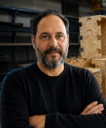 Sergio Del Fiol, autor de A Casa Antes da Obra, de braços cruzados em seu ambiente de trabalho